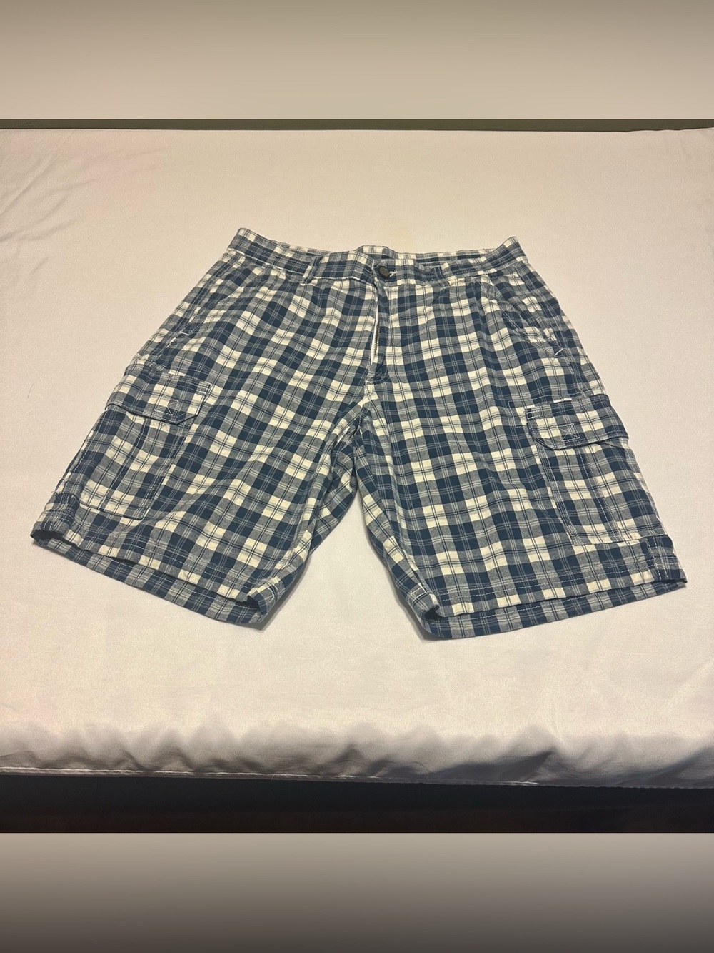 Basic Editions Blue and White Plaid Cargo Shorts